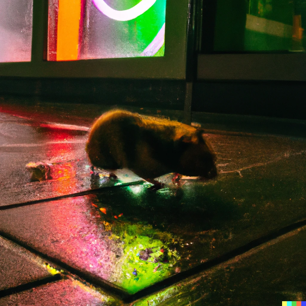 Prompt: A photo of a hamster walking in a dark city. Wet day Neon glows at night.