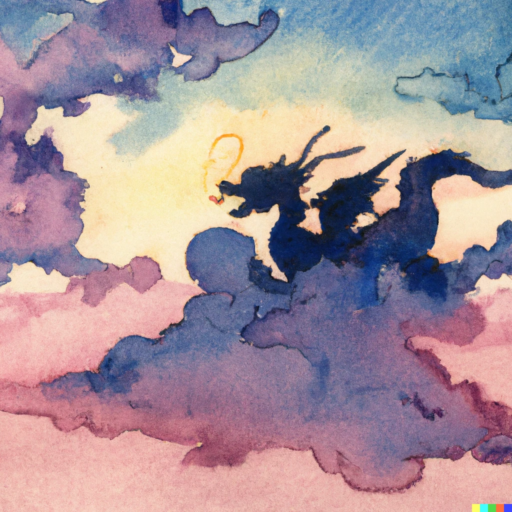 Prompt: A pale and gentle color watercolor painting seen from the atmosphere where the shadow of a beautiful ultramarine dragon in the backlight is covered by the clouds of the morning glow.
