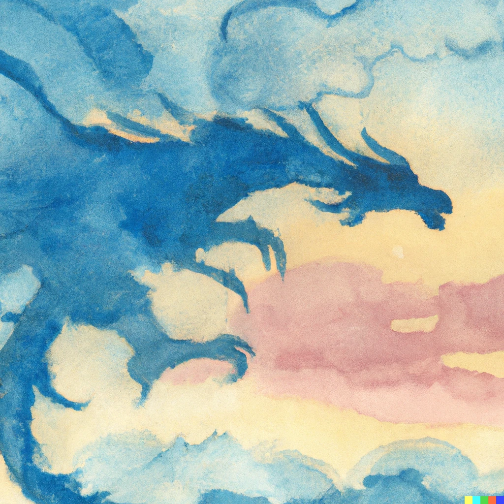 Prompt: A very pale and soft watercolor painting of a beautiful blue dragon and clouds in the sunset sky
