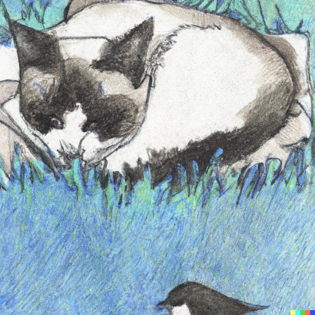 Prompt: ”Chall” is a brown tuxedo cat.  Chall is taking a nap on the lawn with my friend Chun-chan the blue sparrow.  Tourokuya style indigo blue ink painting