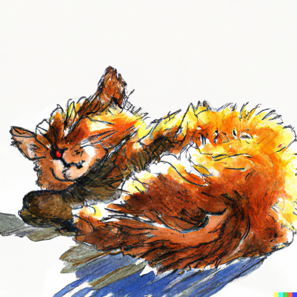 Prompt: Ink painting of a colorful cat named Chall sleeping in the sun