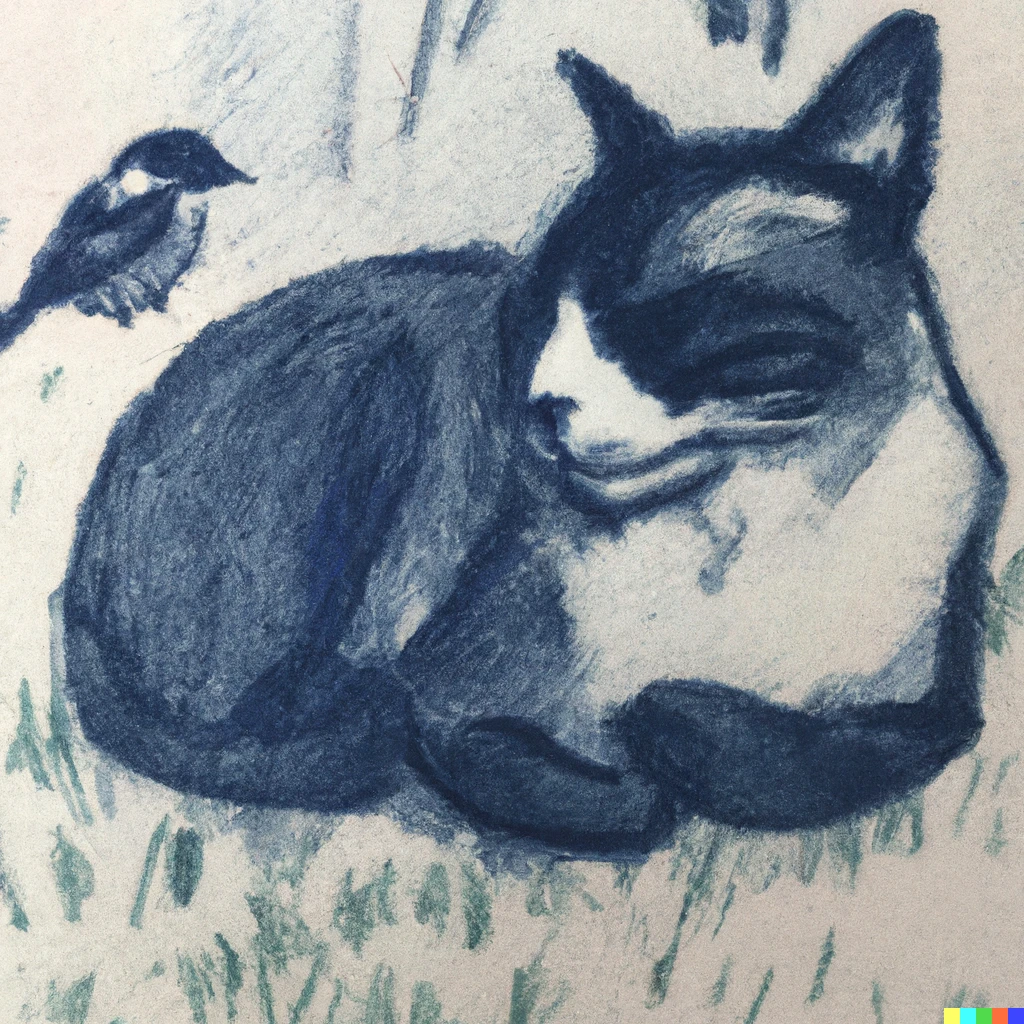 Prompt: ”Chall” is a brown tuxedo cat.  Chall is taking a nap on the lawn with my friend Chun-chan the blue sparrow.  Tourokuya style indigo blue ink painting