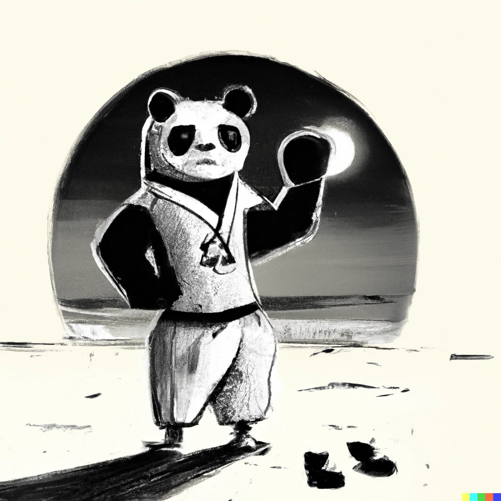 Prompt: a panda training muay thai on the beach, in the style of old Japanese art