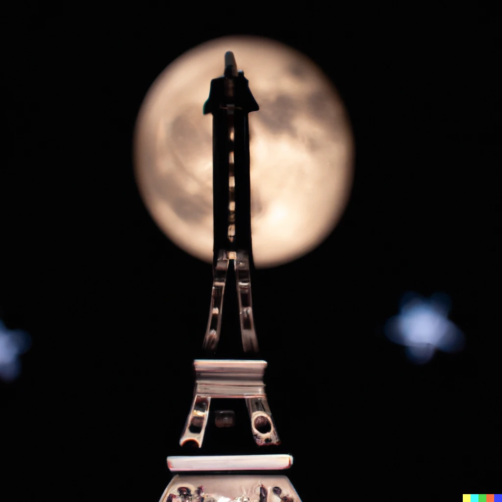 Prompt: a 35mm macro photograph the Eiffel tower with a full moon and stars