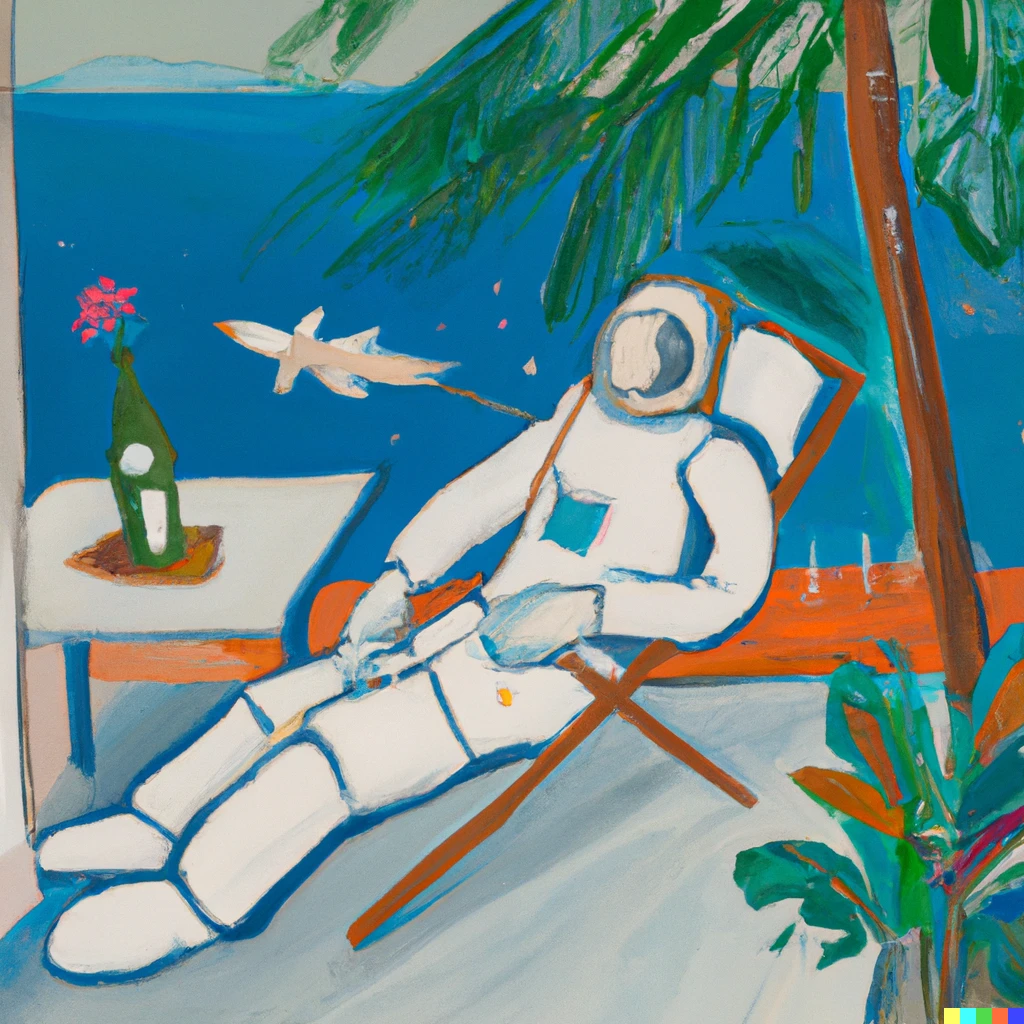 Prompt: pablo picasso painting of an astronaut lounging in a tropical resort in space