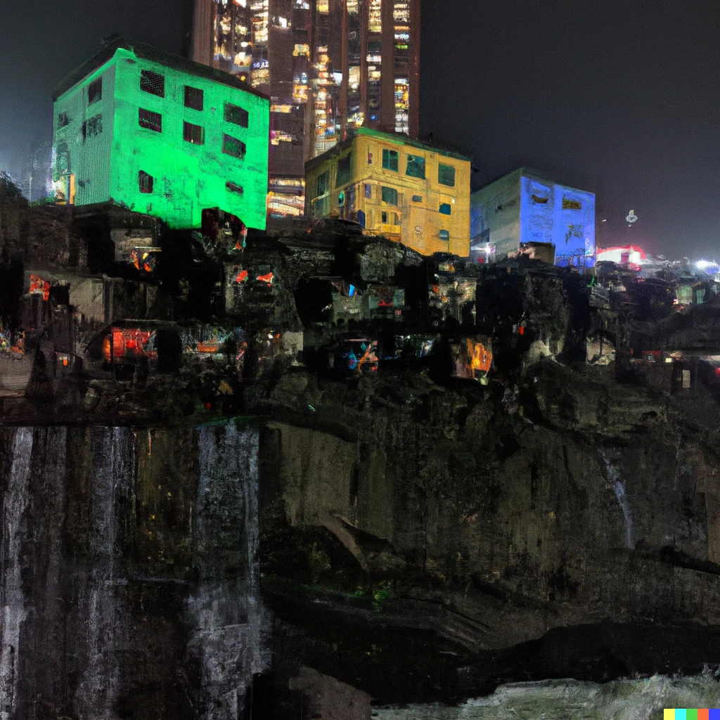 Prompt: African cubism of the poverty in Niagara falls New york at night time 