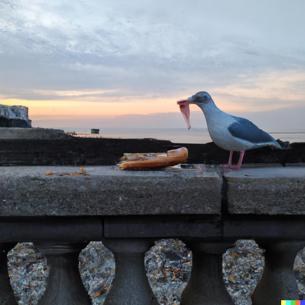Prompt: A seagull eating a hotdog on a stone fence in front of the beach. It is low tide and sunset. 