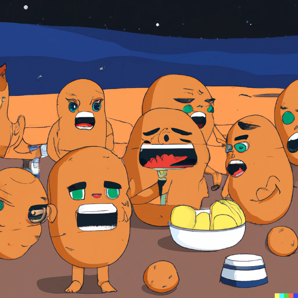 Prompt: Anime style potato eating contest on a mars colony