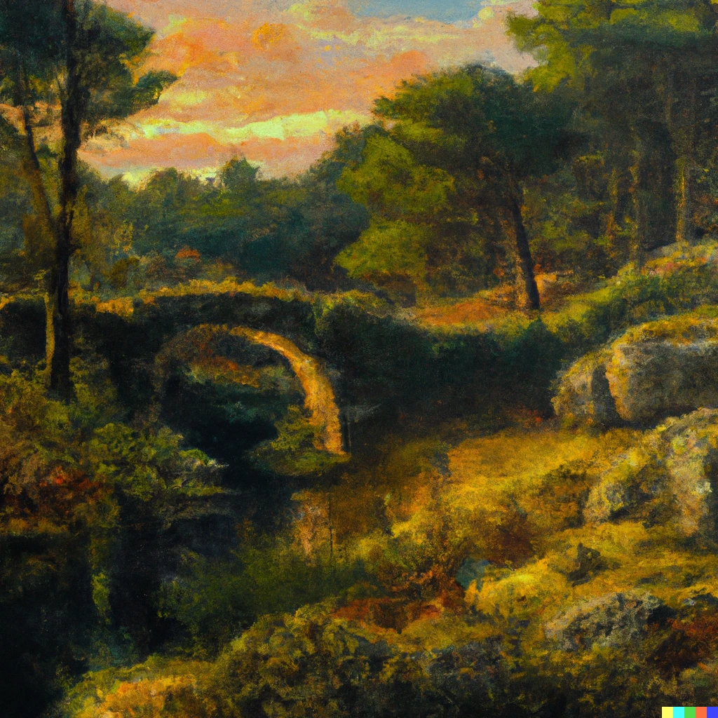 Prompt: A Galician forest with a Roman bridge over a river at sunset. Made with great detail by a famous oil painter. 