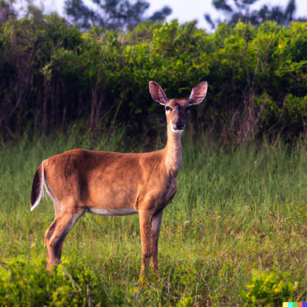 Prompt: A female brown deer with short horns standing in tall grass at the edge of a forest. It is daylight. The deer is looking at the camera. Picture is taken with an expensive camera. The deer is in focus. 