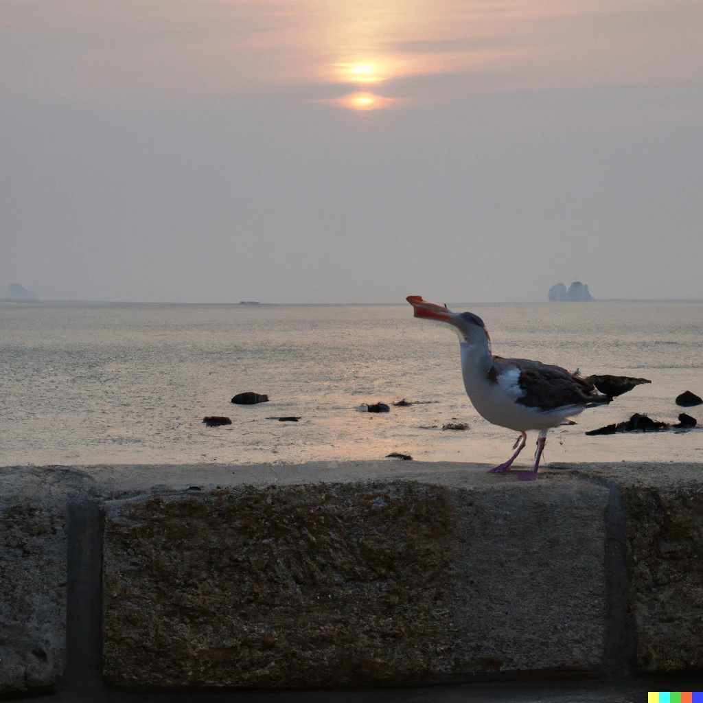 Prompt: A seagull eating a hotdog on a stone fence in front of the beach. It is low tide and sunset. 