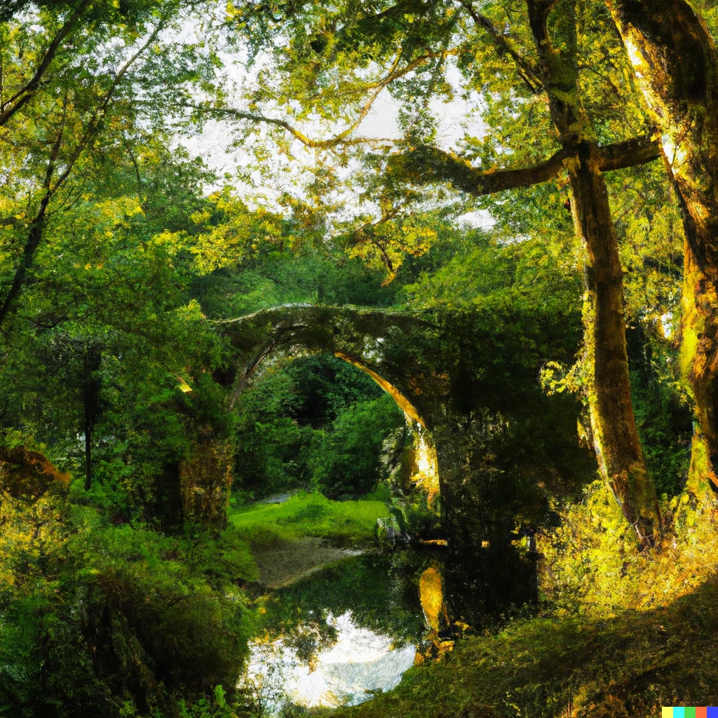Prompt: A Galician forest with a Roman bridge over a river. Taken with a high quality camera at sunset. 