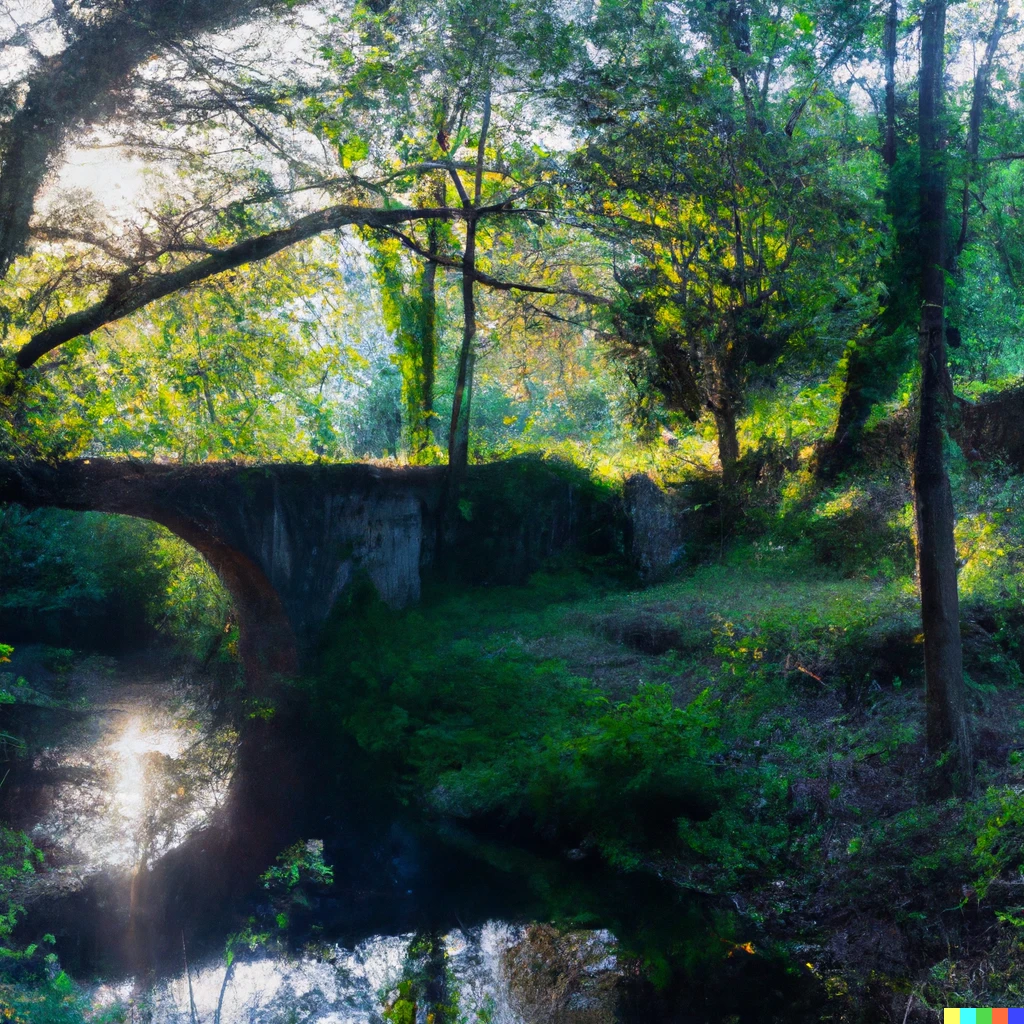 Prompt: A Galician forest with a Roman bridge over a river. Taken with a high quality camera at sunset. 