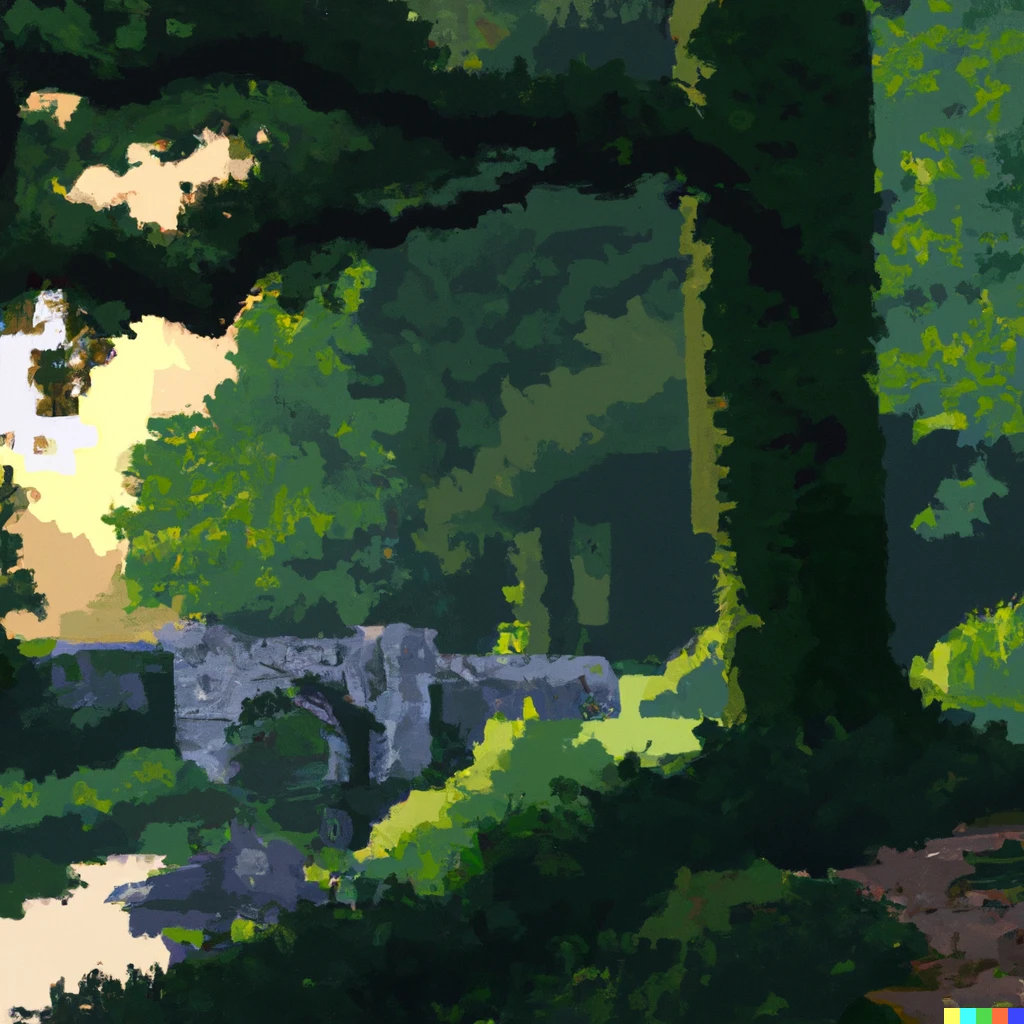 Prompt: A Galician forest with a Roman bridge over a river at sunset. 256 colour pixel art.