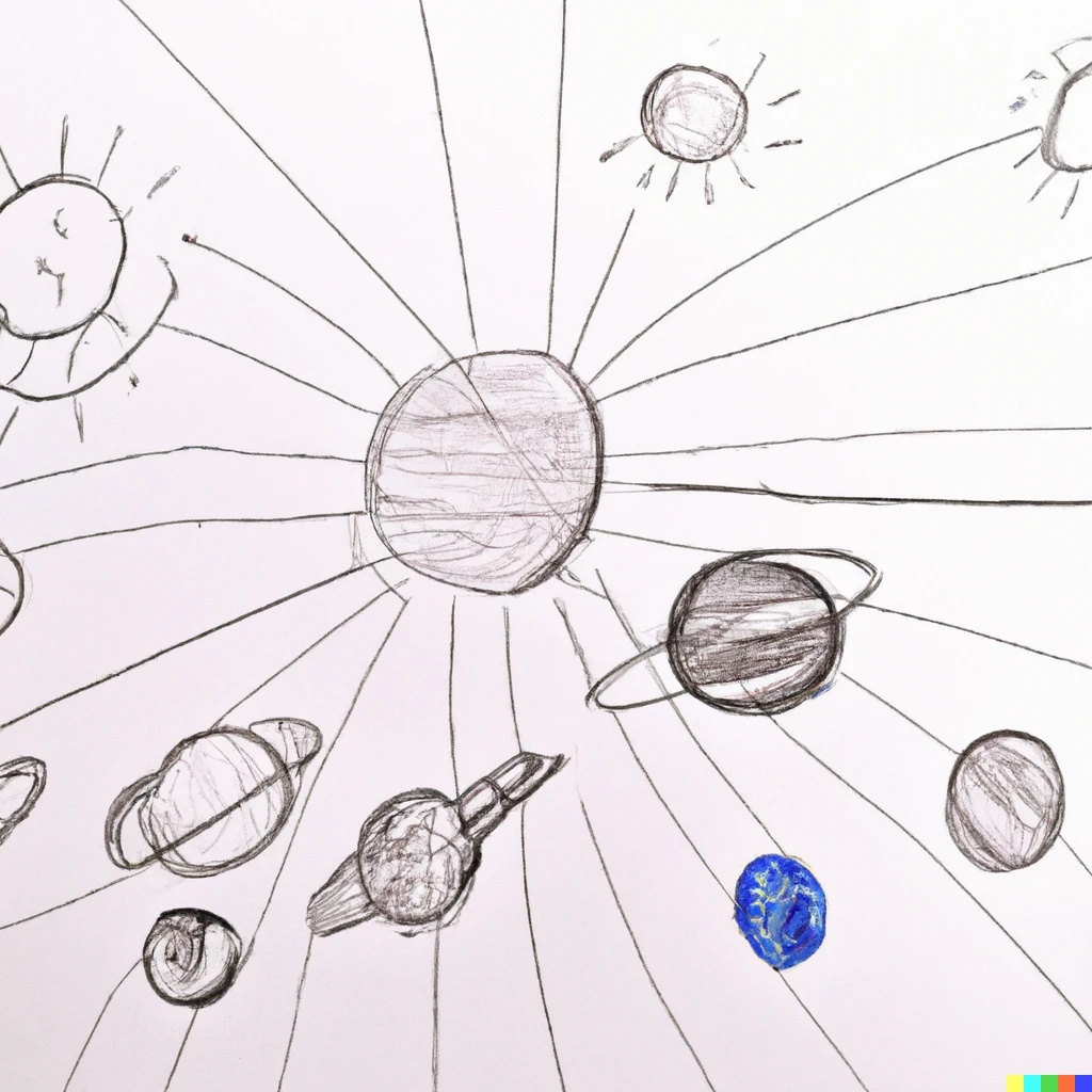 Prompt: The solar system drawn by a 5 year old with pencil. Has obvious mistakes with positions of the planets.