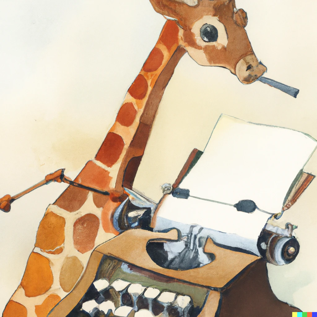 Prompt: A giraffe using an ancient typewriter, just wrote wrong and has to fix the mistake. Painting by very famous aquarelle painter known for his clear colours and sharp lines. 