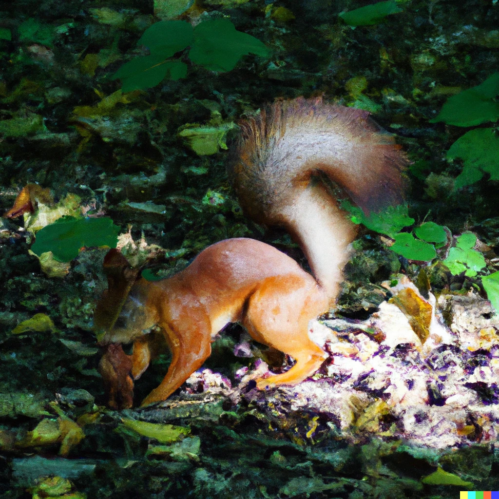Prompt: A squirrel carrying an acorn into its hiding place. It is a dense forest in daylight. There is no wind. The acorn has an extremely large and fluffy tail and is visibly excited. The picture is taken with a very advanced camera. 