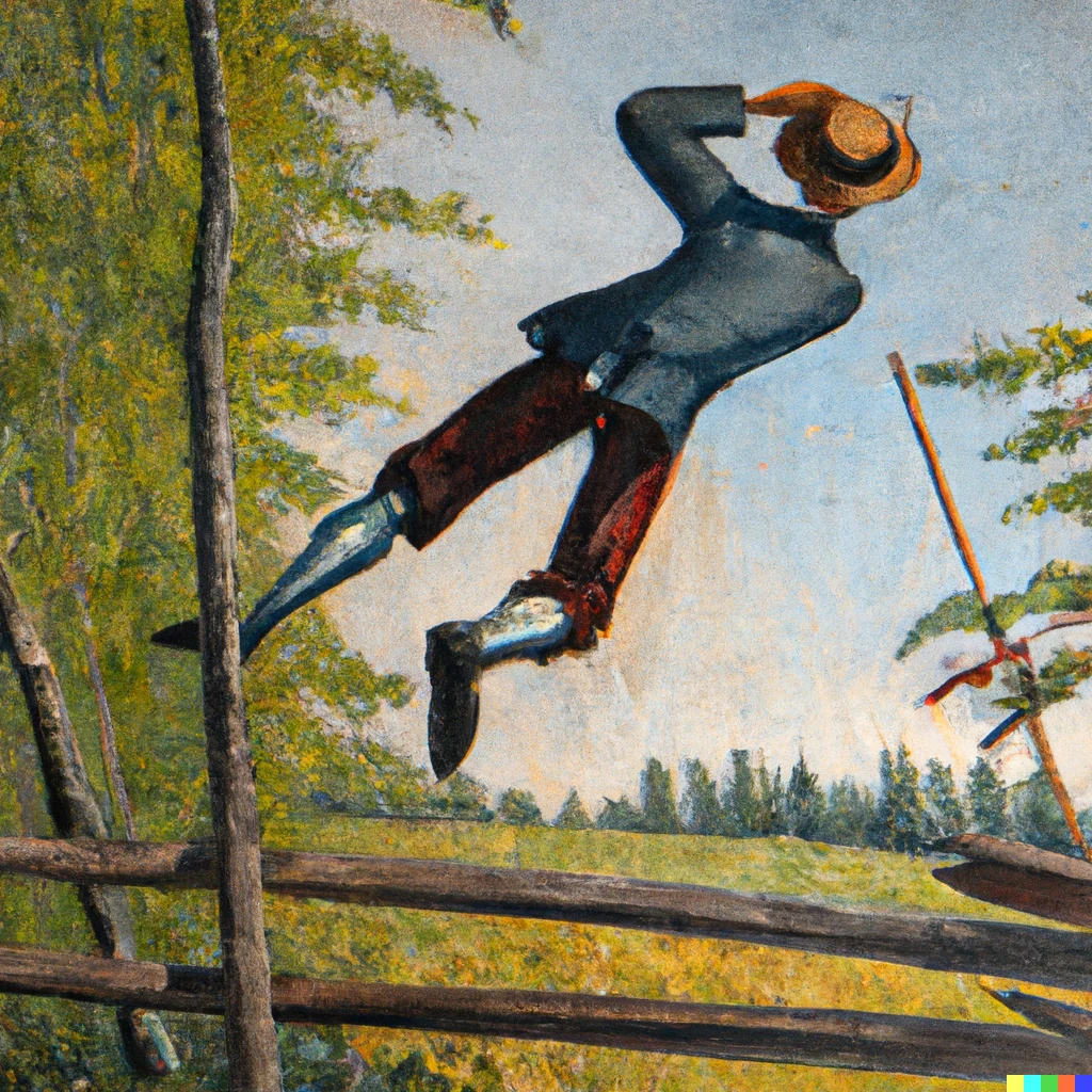 Prompt: Ein altmeisterliches Gemälde von einem Mann der über einen Zaun zu springen versucht und dabei hängen bleibt und hinfällt