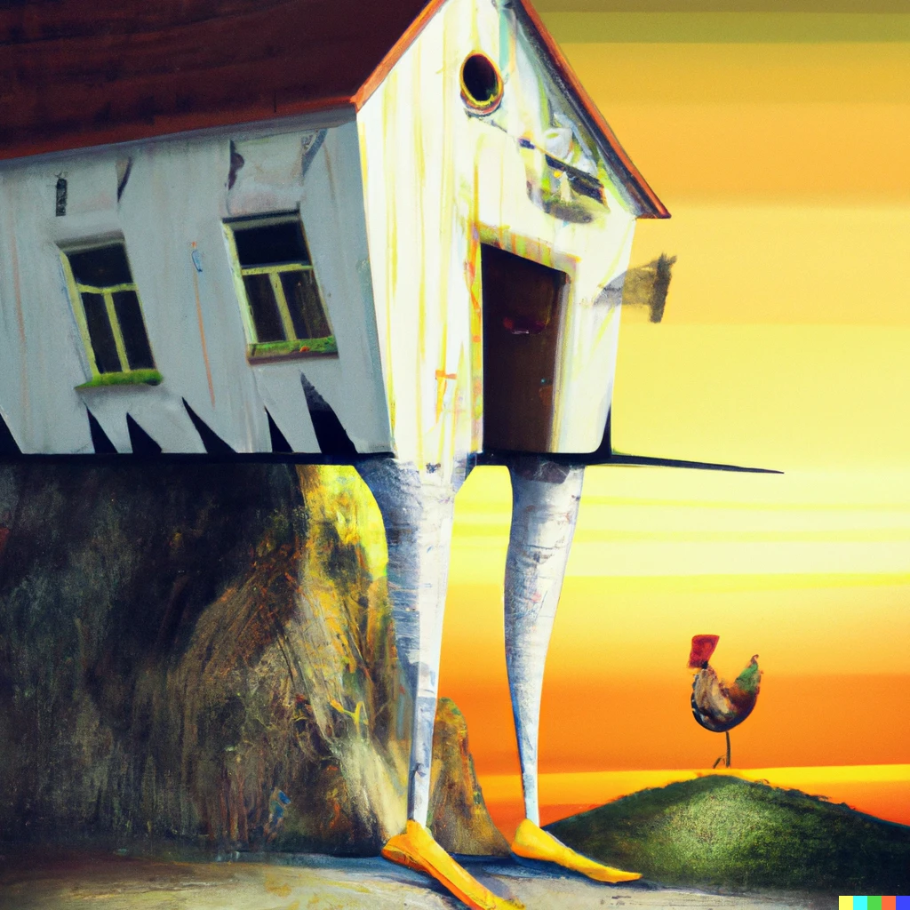 Prompt: absurd painting of an house standing on chicken legs, digital art