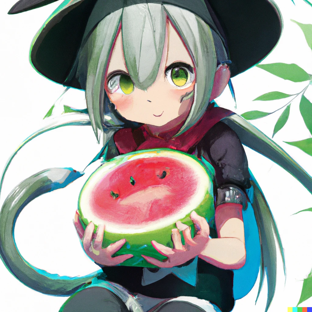 Prompt: Anime key visual of Nanachi holding a watermelon, official media