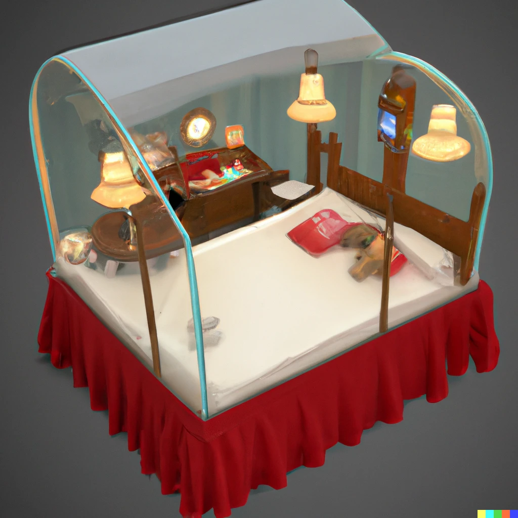 Prompt: An image of a bed. The bed has a glass blanket, inside the bed you can see a small restaurant with small santa clauses ordering food, realistic, high resolution.