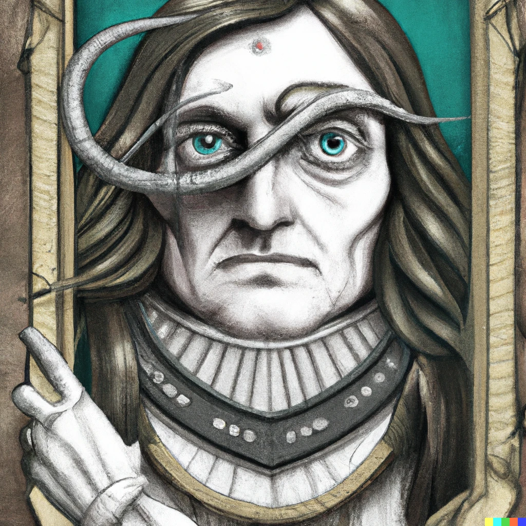 Prompt: Christopher Columbus portrait in a canvas with a cyborg eye and tentacled arms