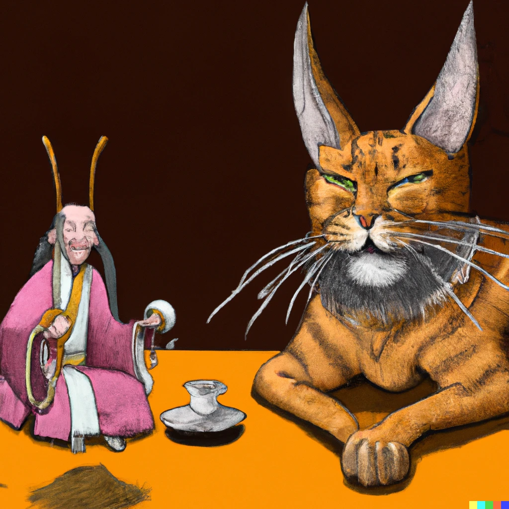 Prompt: a tea party between a giant caracal cat and an ancient chinese human ruler