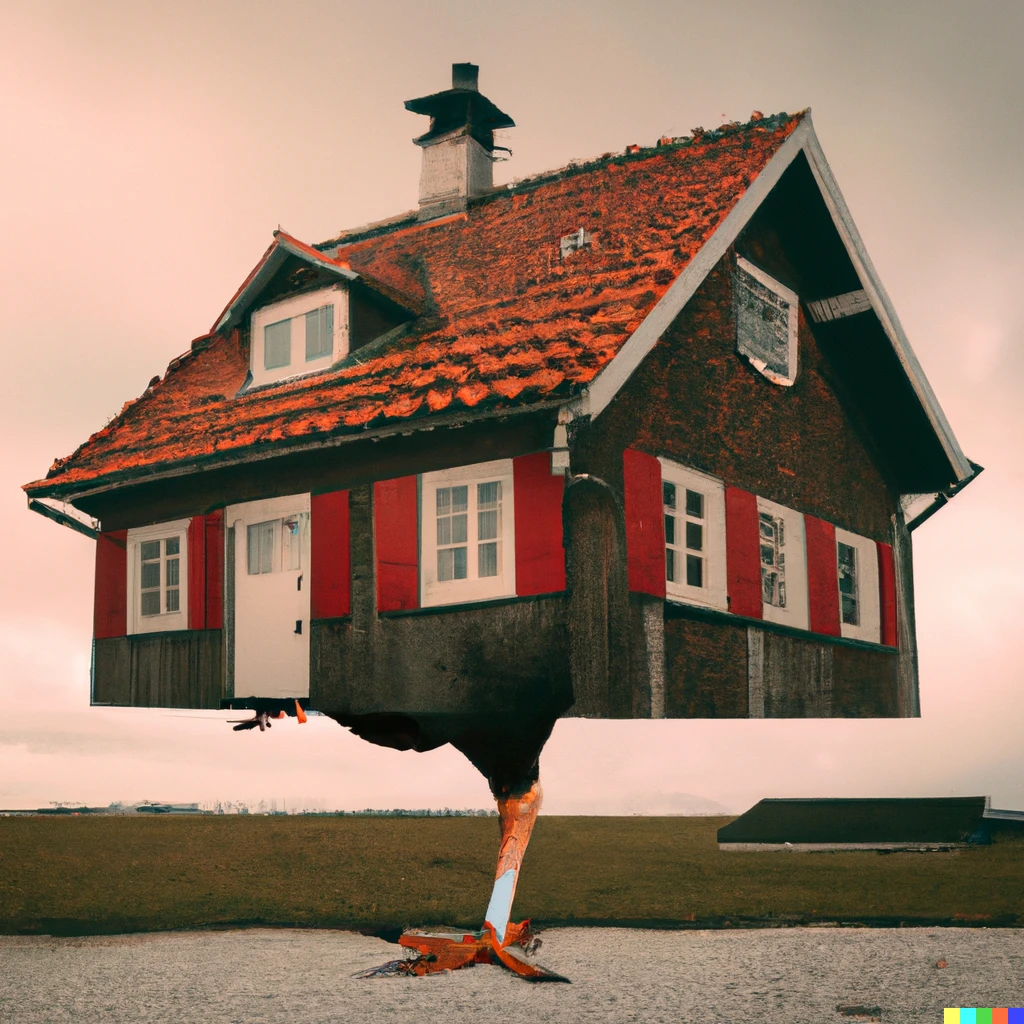 Prompt: absurd photo of a cottage house standing on chicken legs, digital art