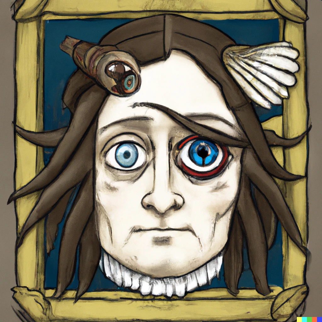 Prompt: Christopher Columbus portrait in a canvas with a cyborg eye and tentacled arms
