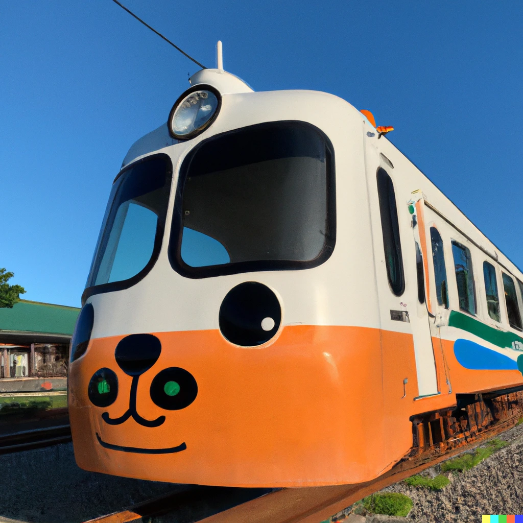 Prompt: a train having the locomotive shaped like a dog