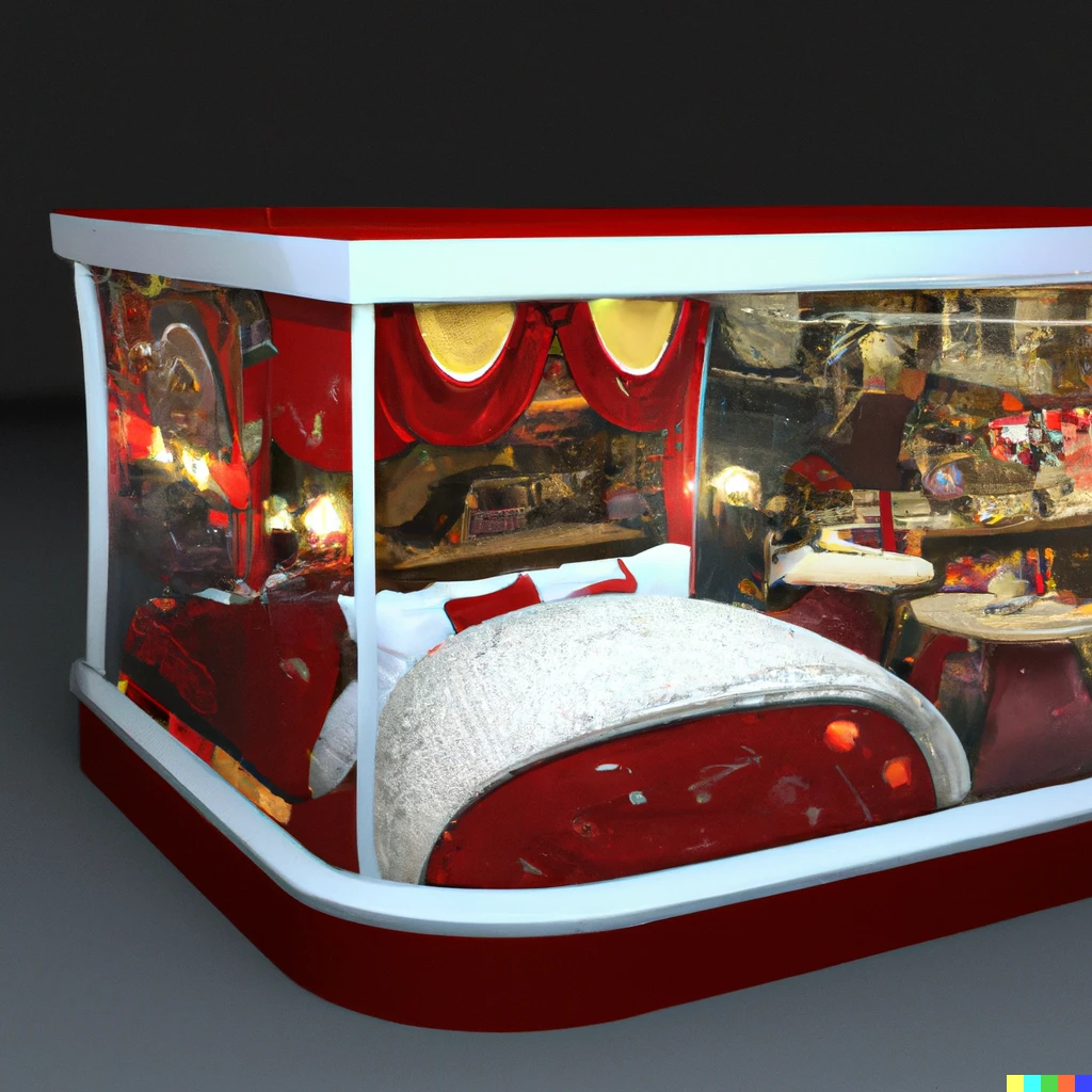 Prompt: An image of a bed. The bed has a glass blanket, inside the bed you can see a small restaurant with small santa clauses ordering food, realistic, high resolution.