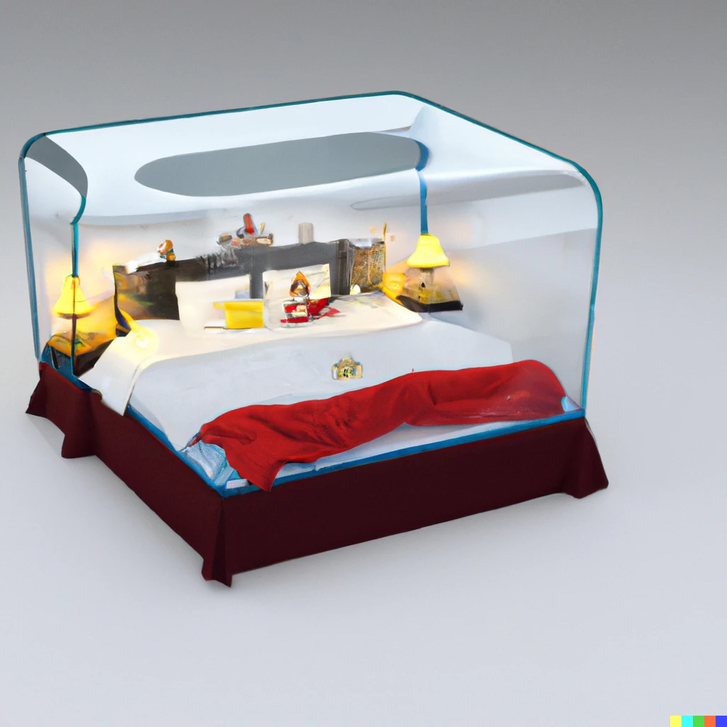Prompt: An image of a bed. The bed has a glass blanket, inside the bed you can see a small restaurant with small santa clauses ordering food, realistic, high resolution.