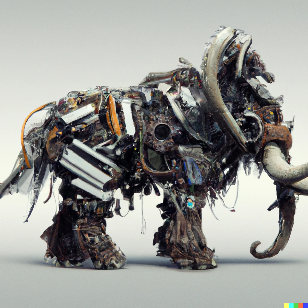 Prompt: woolly mammoth made of Gundam robot mechanical parts, digital art