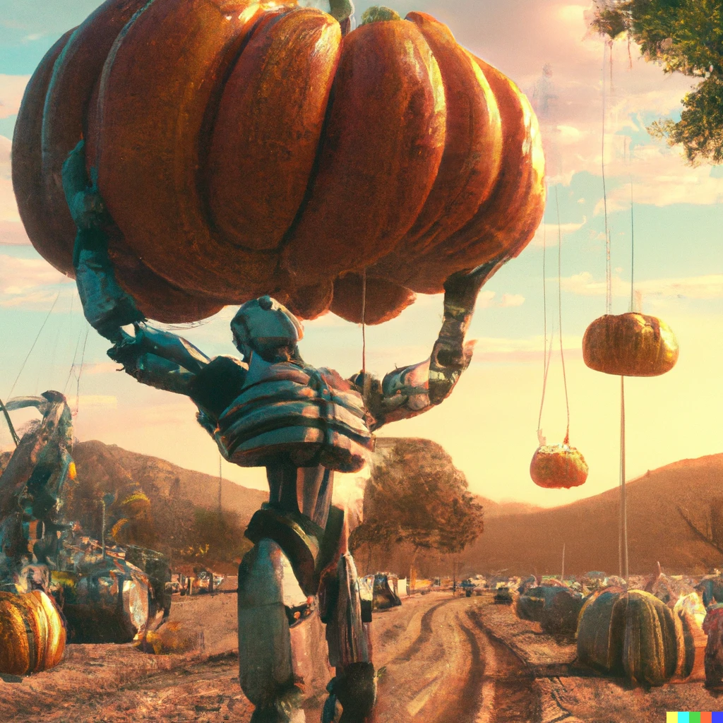 Prompt: A jacked cyborg farmer lifting a giant pumpkin in a community harvest contest, digital art, by Beeple, sunset
