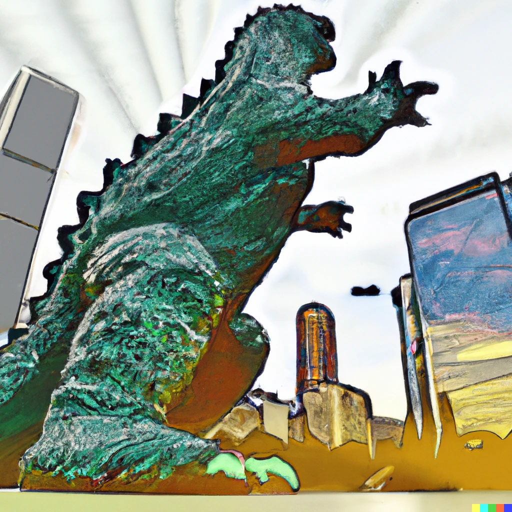 Prompt: digital art of Godzilla stomping on the bean in Chicago