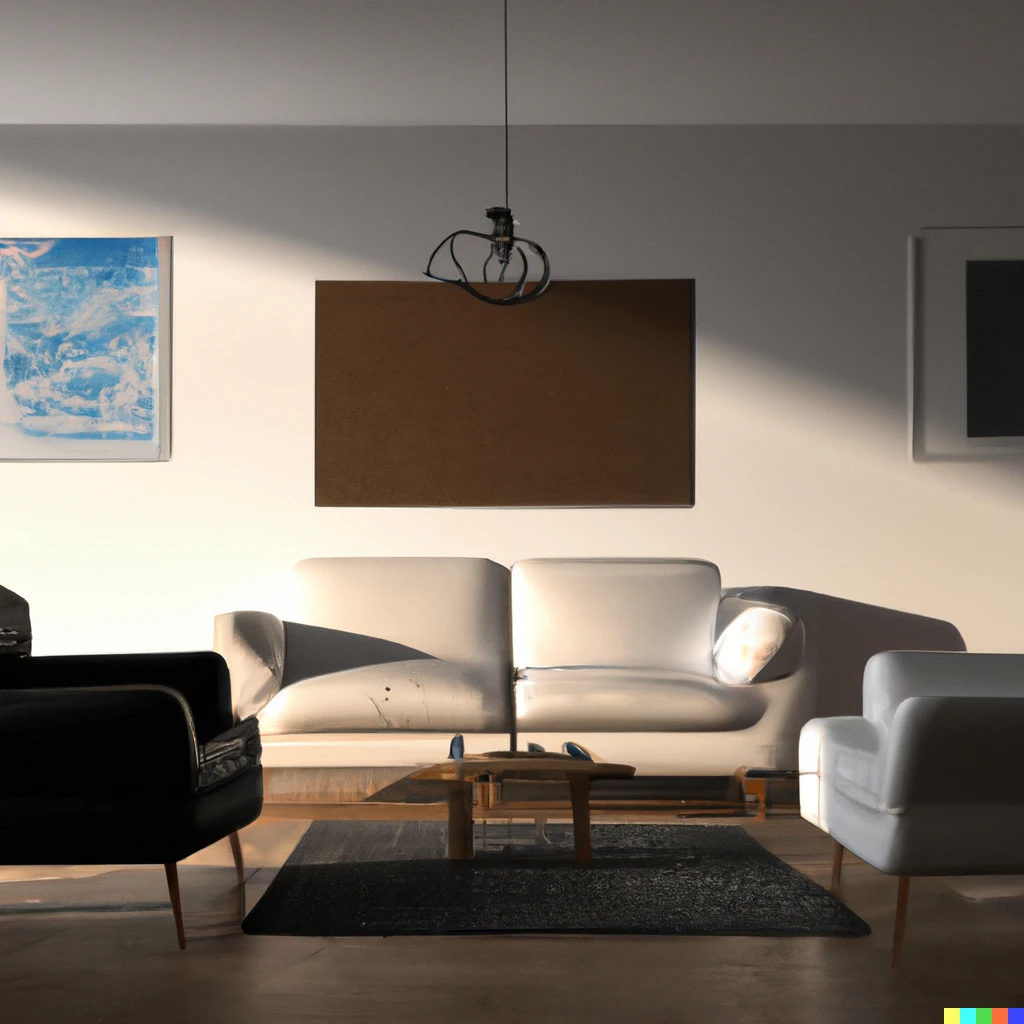 Prompt: A 3d render of a living room with one sofa, two armchairs, a coffee table in the center, 2 windows with sunlight, a dark wooden floor and a juan miro painting frame hanging in the wall