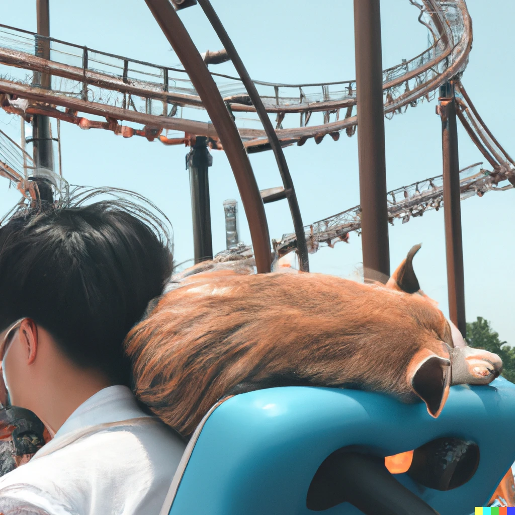 Prompt: A dog sleeping in a guy’s head in a rollercoaster