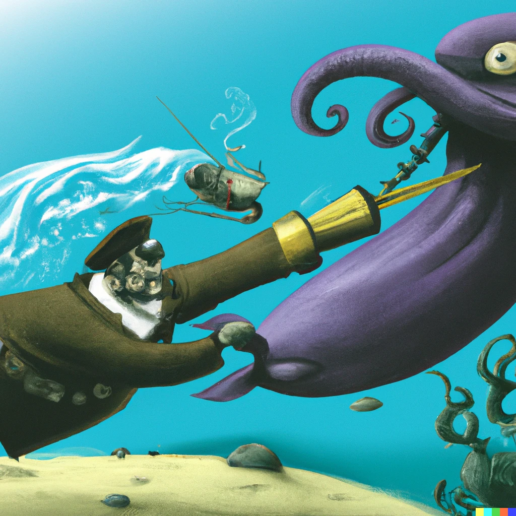 Prompt: Captain Nemo fired his harpoon and killed the giant squid which had grasped his submarine.