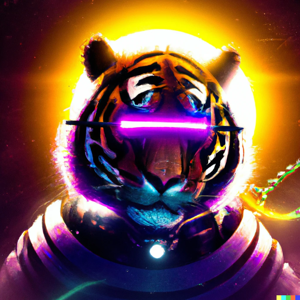 Prompt: A cyberpunk tiger with sunglasses against the sun