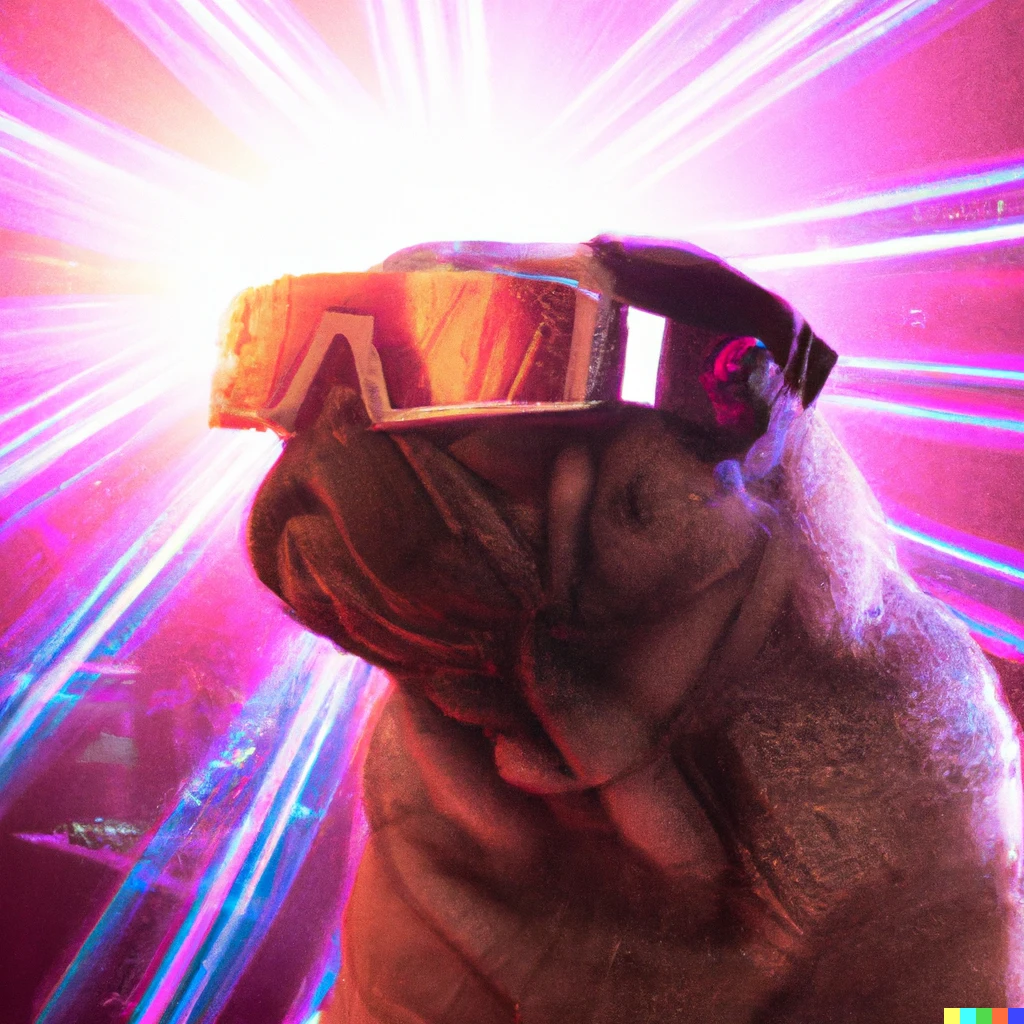 Prompt: A cyberpunk pug with sunglasses against the synth sun