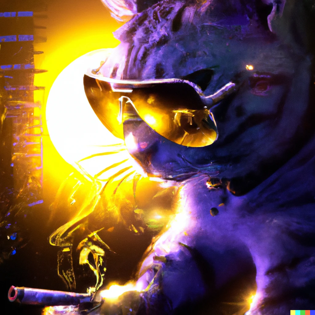 Prompt: A cyberpunk cat wearing a sunglass smoking a cigar against the synth sun