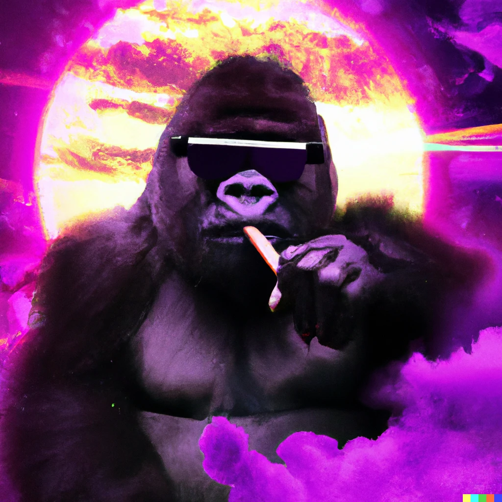 Prompt: A cyberpunk gorilla wearing a sunglass smoking a cigar against a purple synth sun