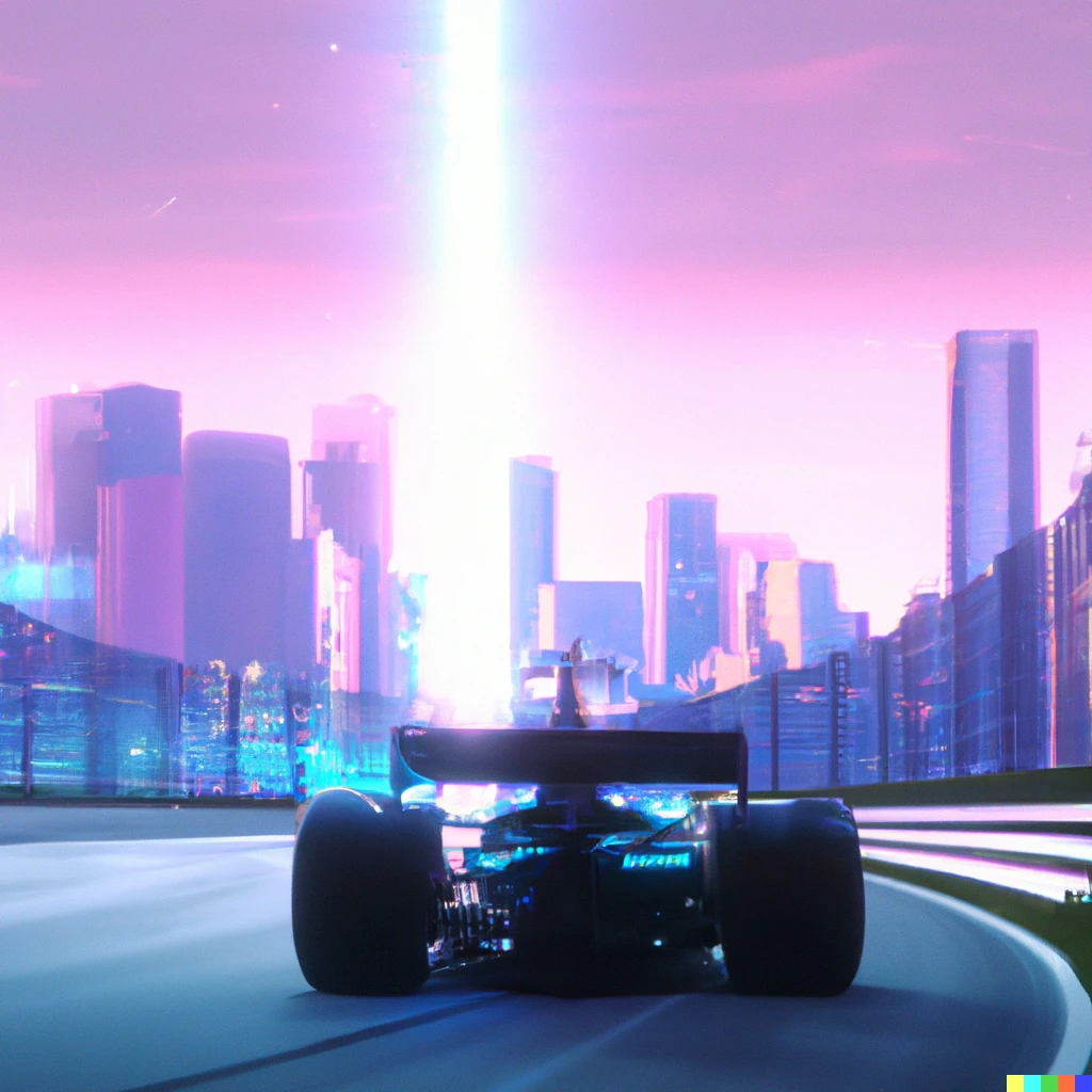 Prompt: A F1 car racing away in a synth city, digital art 