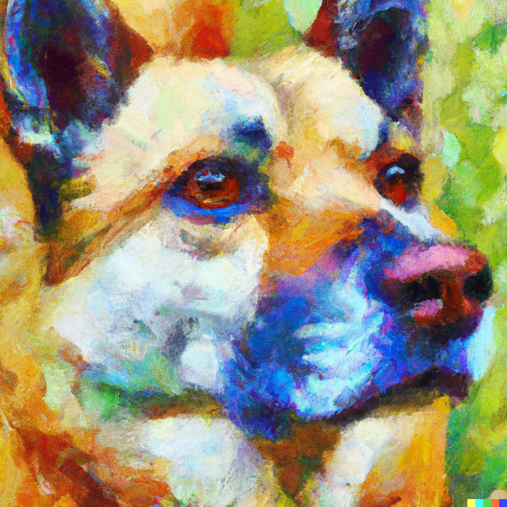 Prompt: A portrait of a german Shepherd corgi cross dog, bright oil painting in the style of monet