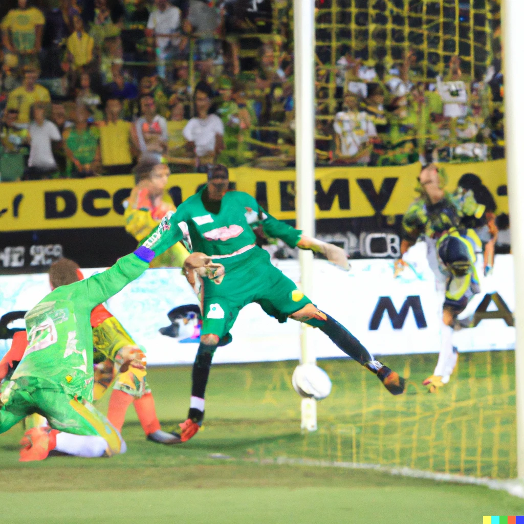 Prompt: maccabi hafia green and white kit
A player named dean david score with his heel in sami ofer arena the ather goolkeeper try to tun after the ball all the 29000 fans go crazy when the ball in the net.

