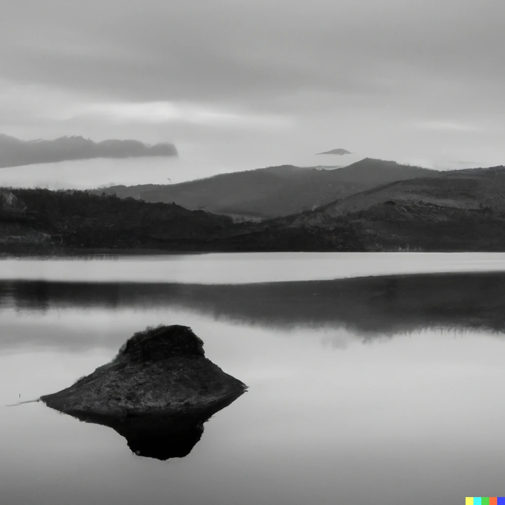 Prompt: A black and white picture of a rock at the centre of a reservoir surrounded by mountains 