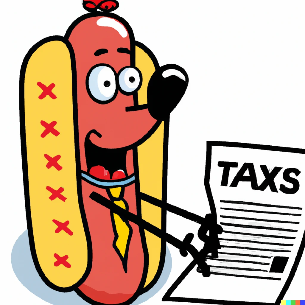Prompt: Cartoon Hotdog filing his taxes.