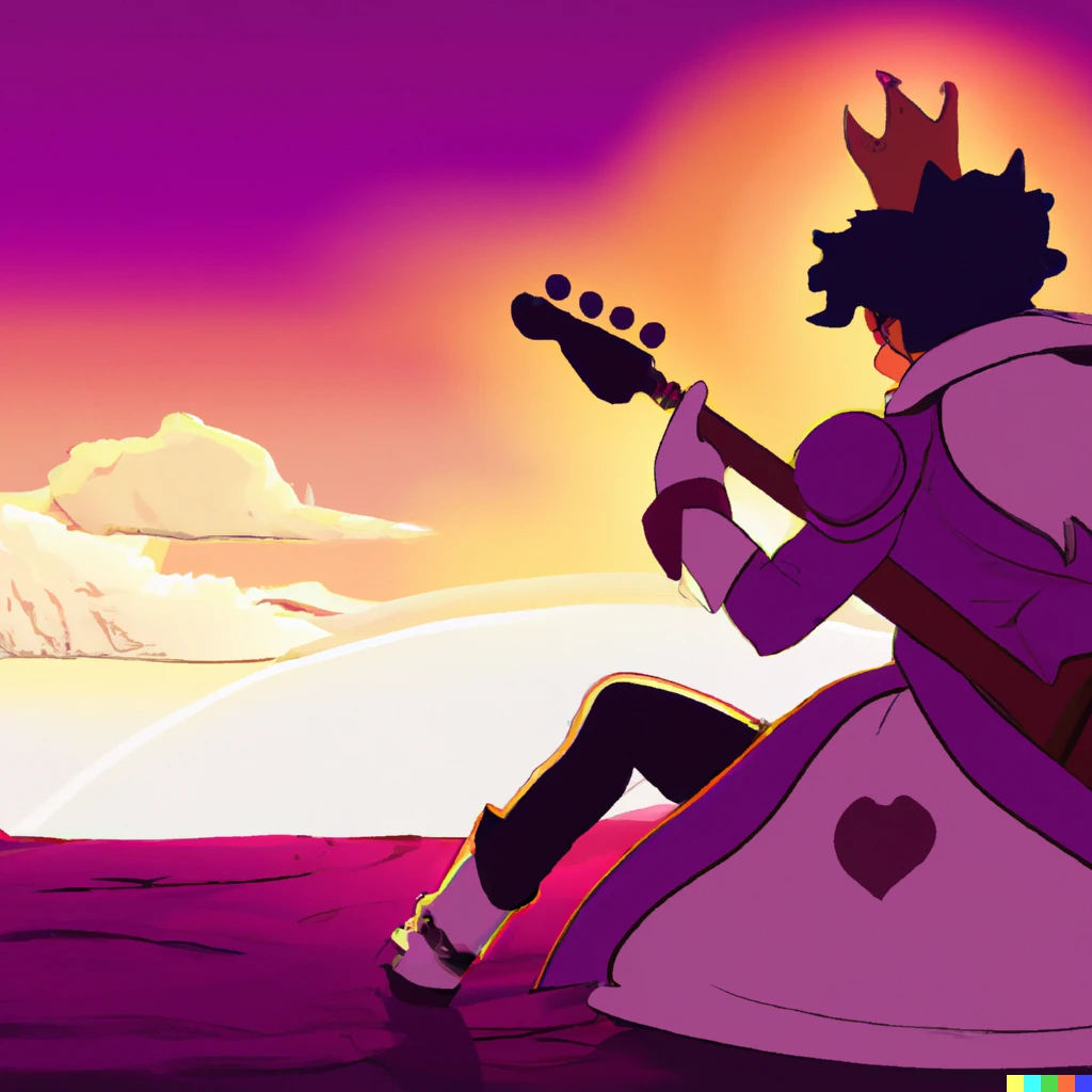 Prompt: Prince playing guitar in a purple sunset