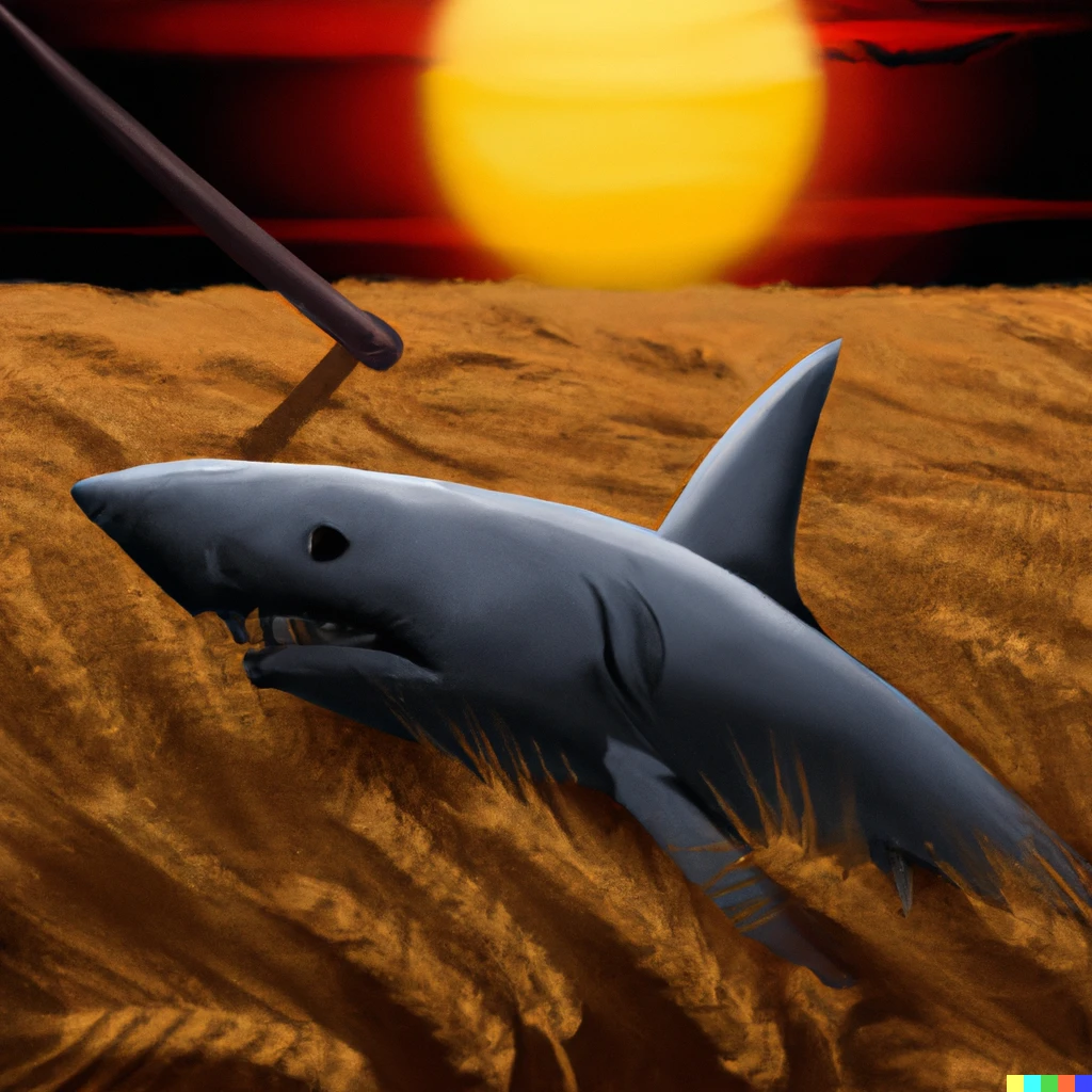 Prompt: A thresher shark harvesting wheat in eastern europe while the sun sets on Stalinism