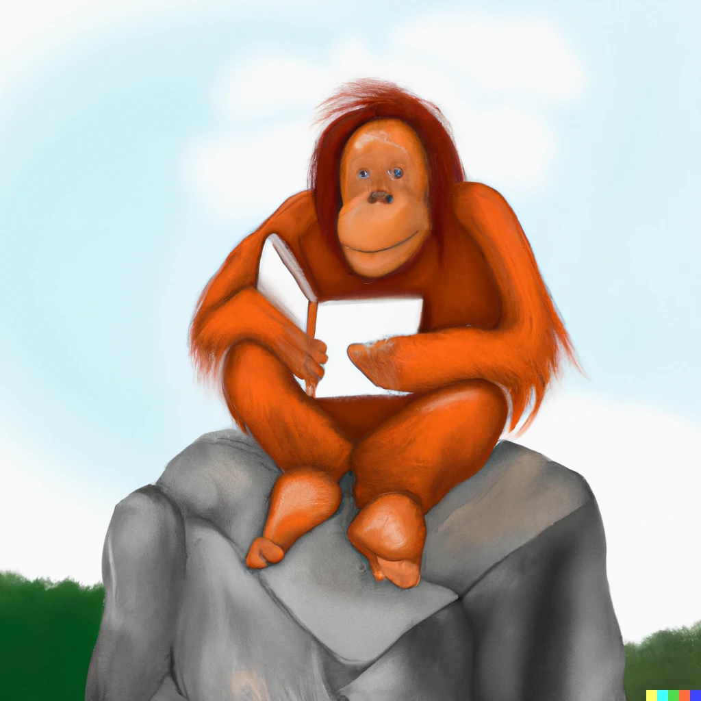 Prompt: farting orangutang sitting on a rock reading a book